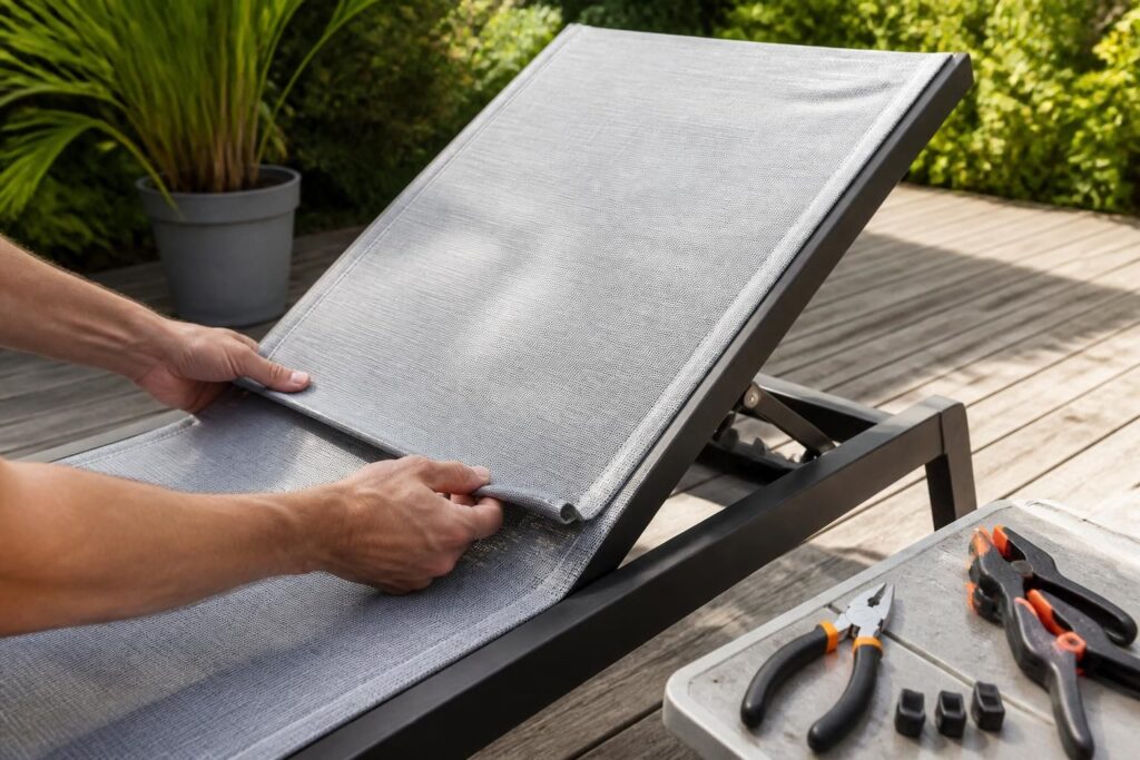 apprenez à changer facilement la toile en textilène de votre bain de soleil grâce à notre guide pratique étape par étape.